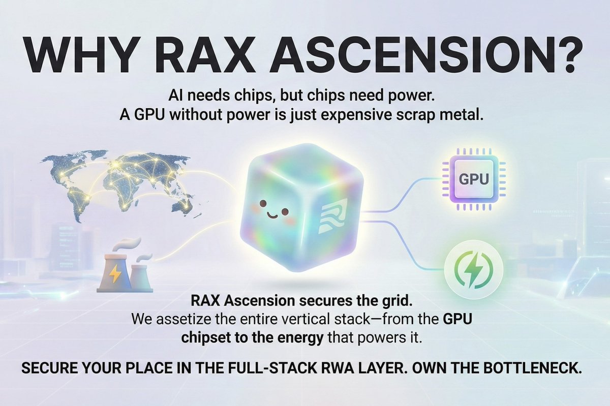 RaxFinance's tweet photo. Why RAX Ascension? 

Because AI needs chips, but chips need power.
In the physical world, a GPU without power is just expensive scrap metal. While the market competes for processors, RAX Ascension secures the grid. We assetize the entire vertical stack—from the GPU chipset to the energy that powers it. 

Secure your place in the full-stack RWA layer. Own the bottleneck.
👉 https://t.co/0s9mCiDr14