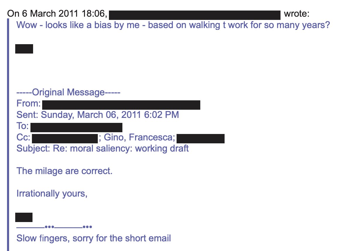 literalbanana's tweet image. One of the funny things from the Harvard document dump about the Francesca Gino allegations is that one of the co-authors noticed something was wrong with Dan Ariely's car mileage data, but four words from him were enough to assuage his or her doubt.