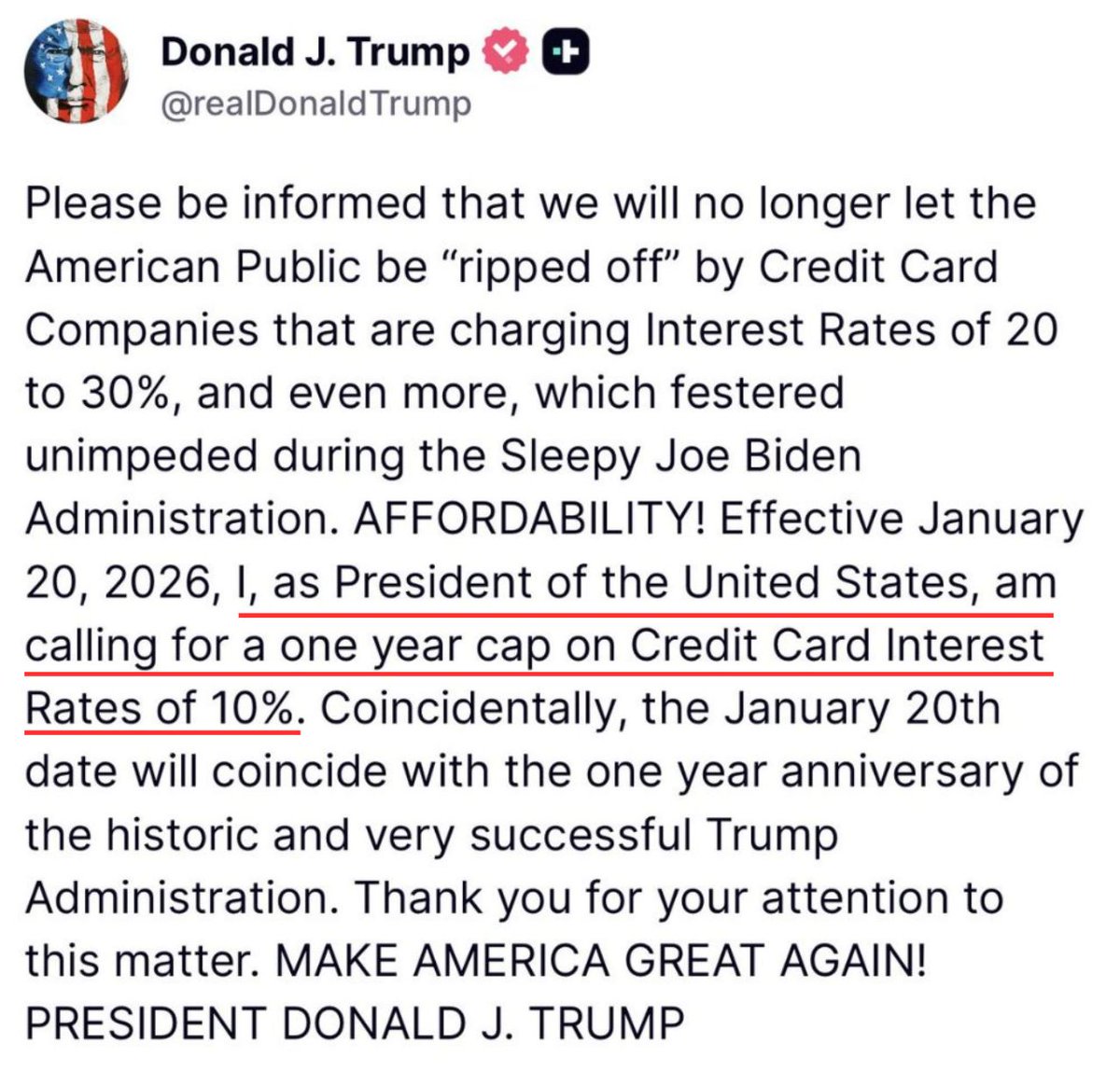 🚨President Trump says the credit card interest rates will be capped at 10% starting Jan 20, 2026.

This would be one of the biggest changes to consumer finance in decades.

Right now, most Americans are paying 20–30% interest on their credit cards. That means a large part of