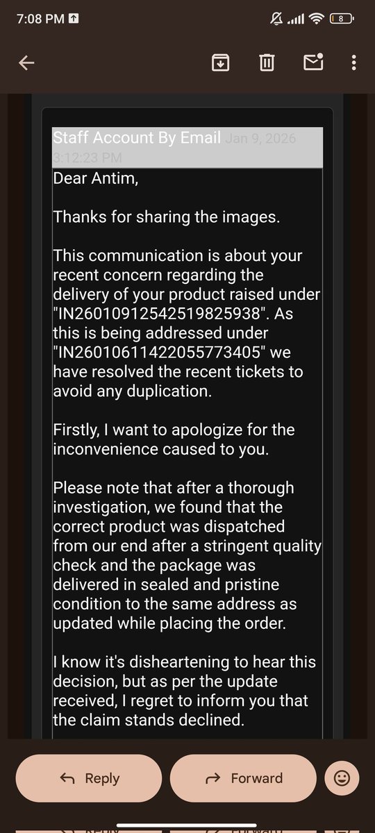 Antim150704's tweet photo. There’s a new scam going on @myntra @MyntraSupport 
Orders are being marked delivered without OTP, but never actually delivered by the delivery partner. When complained, support says “investigated &amp; delivered correctly.” So I’m lying now? https://t.co/yDpWt5b9qK