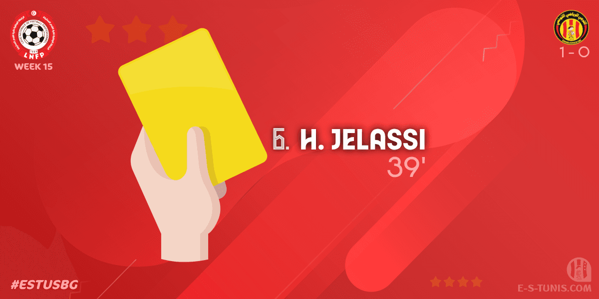 ESTuniscom's tweet photo. ⏱ 39' | #Ligue1Tn🇹🇳 Week 15 #ESTUSBG | @ESTuniscom 1⃣-0⃣ #USBenGuerdane : 🟨 H. Jelassi (EST) is booked / بطاقة صفراء / Carton jaune https://t.co/RjnQhKTzw6