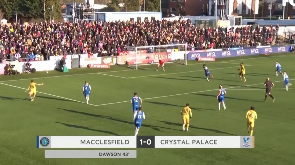 JUST 5,000 SEATS IN THEIR STADIUM... PLAYING IN ENGLAND’S 6TH DIVISION... THEIR ENTIRE STARTING XI IS WORTH LESS THAN €1M COMBINED.

AND YET… <a href="/thesilkmen/">Macclesfield FC (C)</a> FC ARE BEATING <a href="/CPFC/">Crystal Palace F.C.</a>  IN THE FA CUP.

✨ THIS. IS. THE. MAGIC. OF. THE. FA CUP. ✨