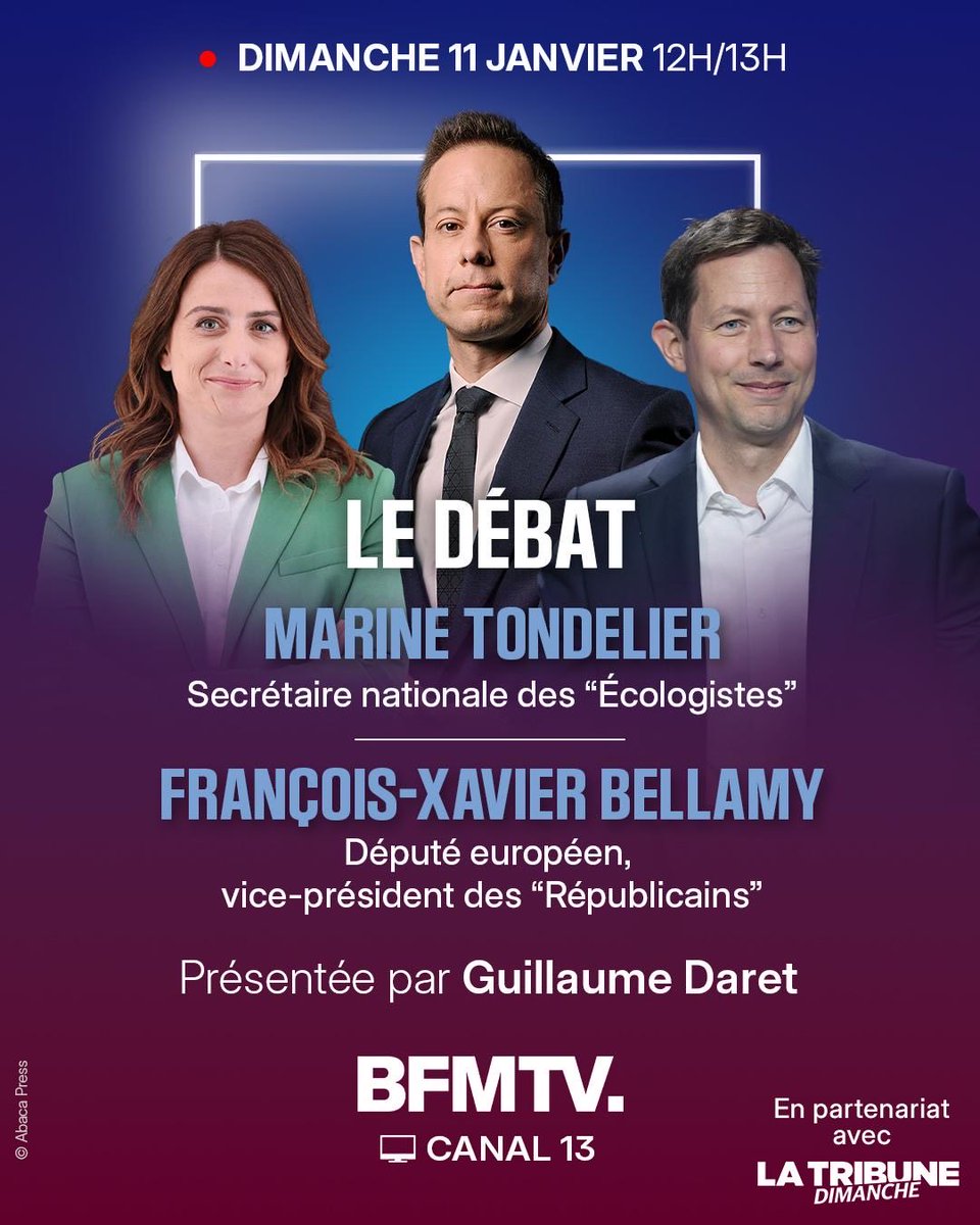 BFMTV_Inside's tweet image. Dimanche 11 janvier, de 12h à 13h, Le Débat sur @BFMTV (canal 13).

Face-à-face entre @marinetondelier, candidate déclarée à l’élection présidentielle 2027, et @fxbellamy.

Un duel politique animé par @GuillaumeDaret, en partenariat avec @TribuneDimanche.