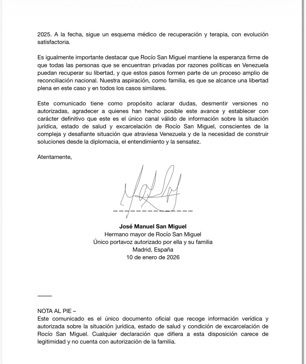 La familia de Rocío San Miguel informó oficialmente sobre su excarcelación ocurrida el 8 de enero de 2026 y su actual permanencia en Madrid, España. El comunicado, emitido por su hermano y único vocero autorizado, aclara que no se trata de una libertad plena, sino de una medida