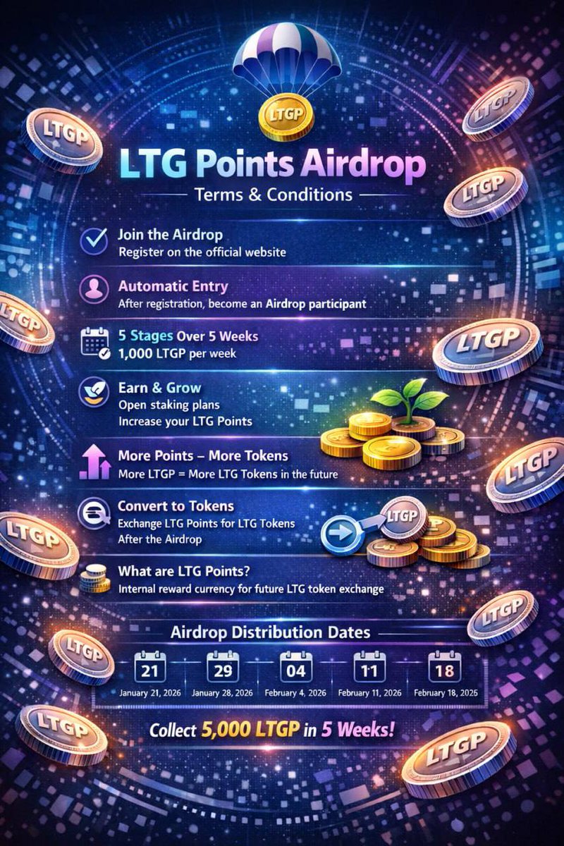 LongTradeGroup's tweet image. 🚀 LTG  Airdrop

🔹 Register on the website = automatic participation
🔹 1,000 LTGP every week
🔹 5 weeks — 5,000 LTGP total

📅 Distribution dates:
Jan 21 | Jan 28 | Feb 4 | Feb 11 | Feb 18
Take part - longtradegroup.com
#Airdrops #altseason2026