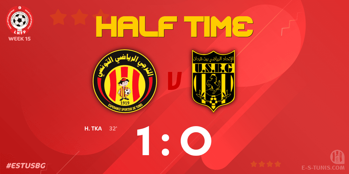 ESTuniscom's tweet photo. ⏱ HT | #Ligue1Tn🇹🇳 Week 15 #ESTUSBG | @ESTuniscom 1⃣-0⃣ #USBenGuerdane : End of the first half / نهاية الشوط الاول / Fin de la première période https://t.co/406XUUT1fI