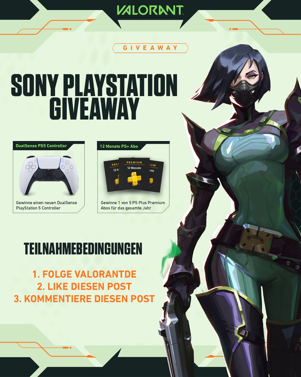 VALORANTde's tweet image. Es wird Zeit für ein neues Giveaway! 🎮

Zusammen mit @PlayStationDE verlosen wir 1. DualSense PlayStation 5 Controller und 1. von 5. PS+ Premium Mitgliedschaften für das gesamte Jahr!

Um teilzunehmen:
1. Folge @VALORANTde
2. Like diesen Post
3. Kommentiere diesen Post