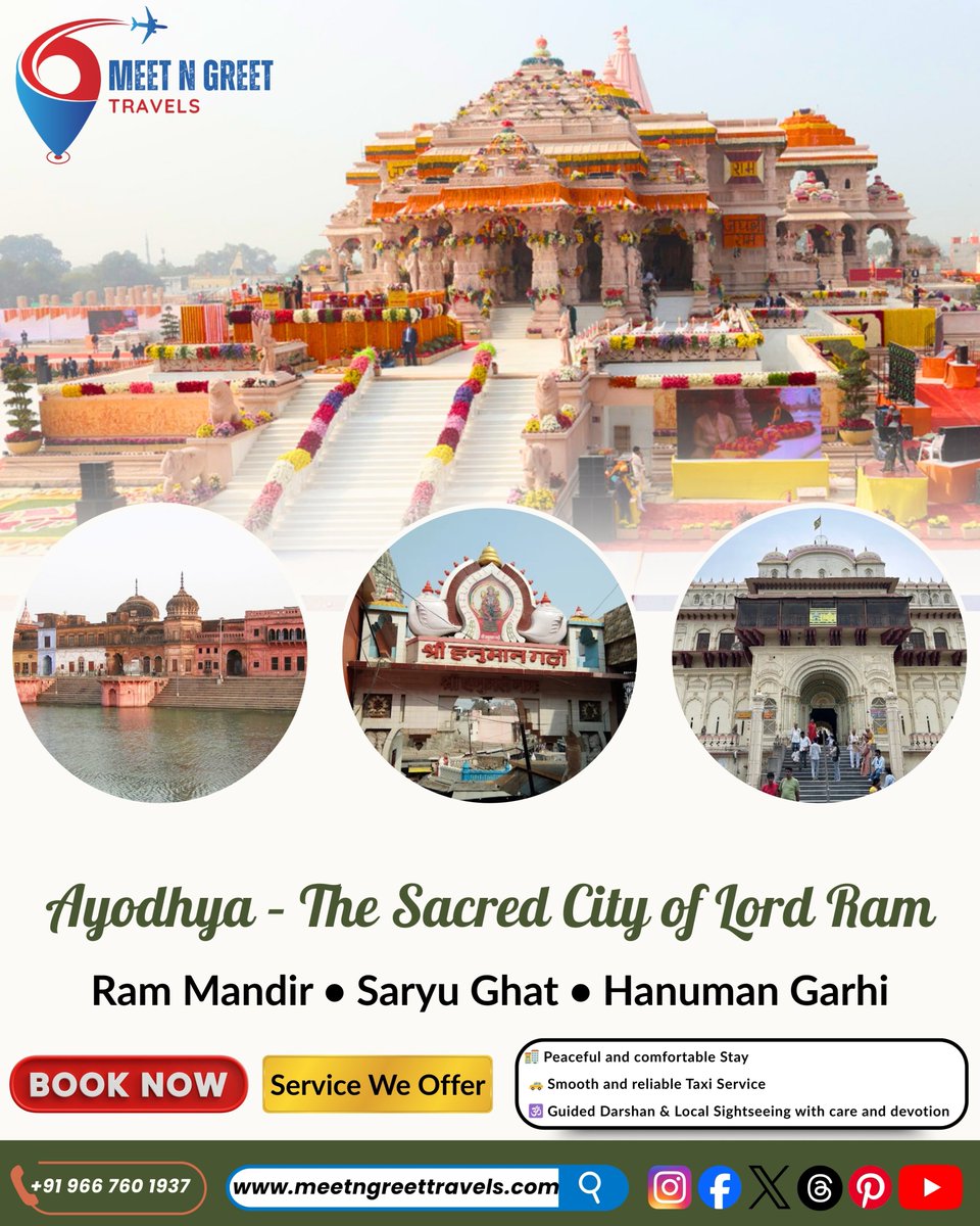 mngtravels's tweet photo. #Ayodhya is not just a destination, it’s a divine feeling 🙏✨
From Shri Ram Mandir to Saryu Ghat, every moment here touches the soul.
Travel stress-free with Meet N Greet Travels🏨
Deluxe hotels | Comfortable cab | Healthy food
#UttarPradesh 

📞 Call / WhatsApp: +91 9667601937 https://t.co/7rLzQXSoga