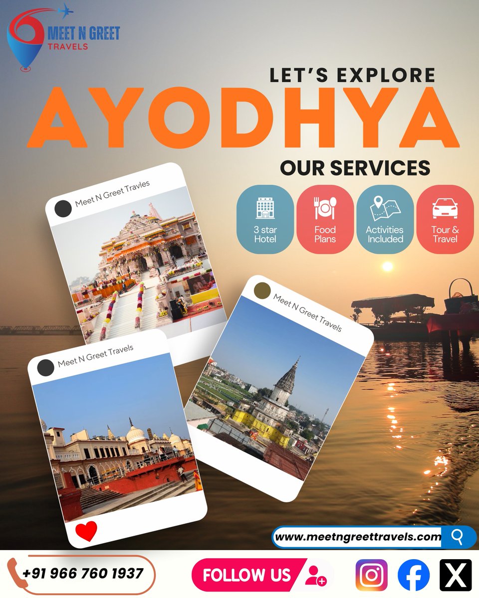 mngtravels's tweet photo. #Ayodhya is not just a destination, it’s a divine feeling 🙏✨
From Shri Ram Mandir to Saryu Ghat, every moment here touches the soul.
Travel stress-free with Meet N Greet Travels🏨
Deluxe hotels | Comfortable cab | Healthy food
#UttarPradesh 

📞 Call / WhatsApp: +91 9667601937 https://t.co/7rLzQXSoga