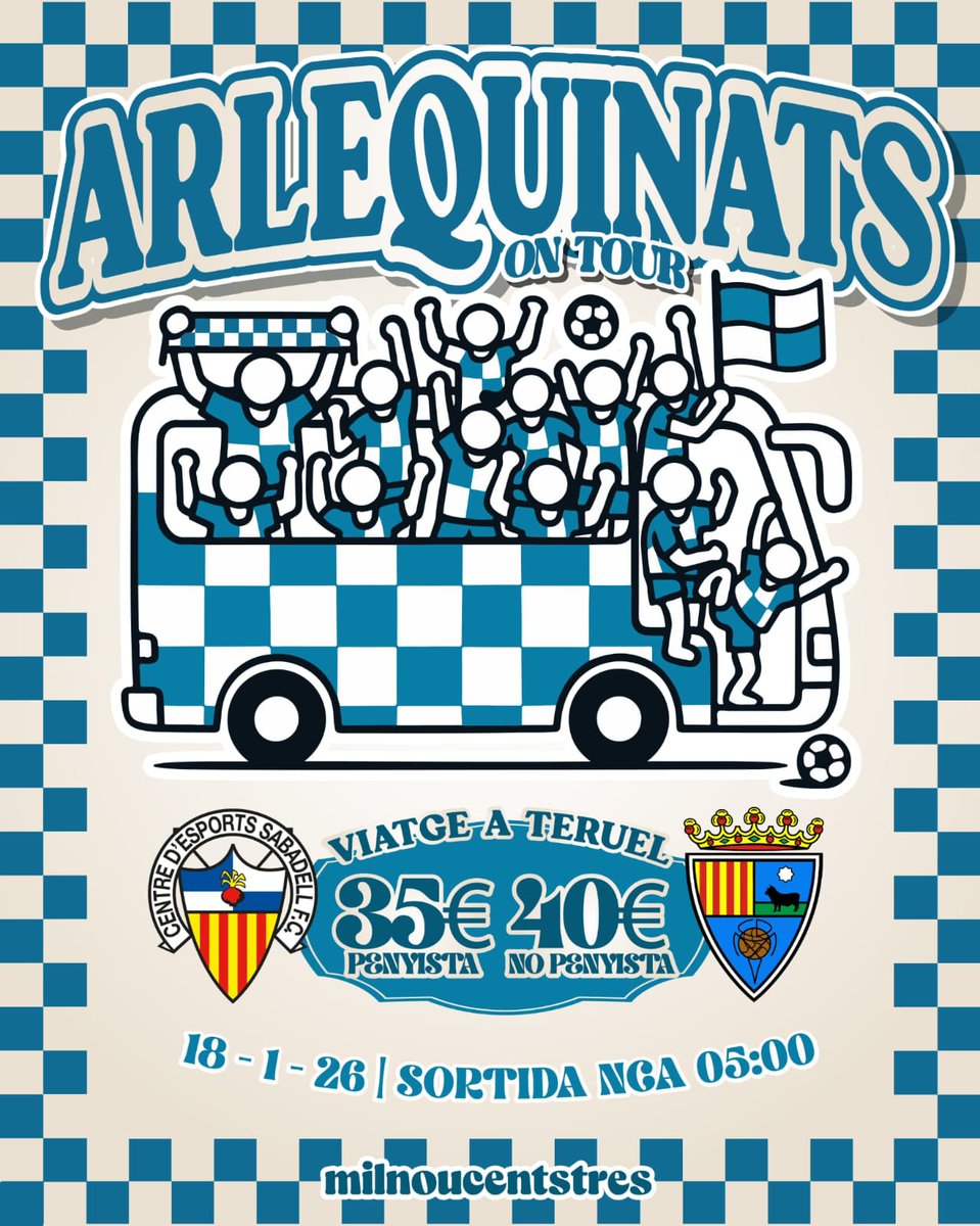 Les Penyes del <a href="/CESabadell/">CE Sabadell 🧅</a> estamos organizando desplazamiento a Teruel para el partido que se disputará el domingo de la semana que viene, día 18 de enero a las 12h. Para hacer la reserva contactar a través de mensaje privado.

Peñistas 35€
No peñistas 40€