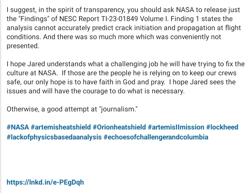 LionnetPierre's tweet image. This article sparked a controversy with Charles Camarda, former astronaut and thermal expert attending the meeting. He replied on Linkedin. I have copied his response here for the sake of transparency, since he didn’t seem 100% in agreemeht with the article.