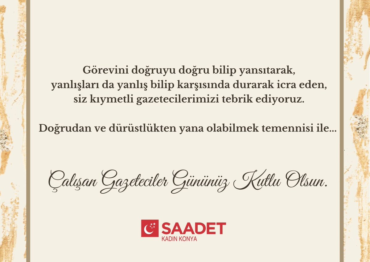 Görevini doğruyu doğru bilip yansıtarak,
yanlışları da yanlış bilip karşısında durarak icra eden,
siz kıymetli gazetecilerimizi tebrik ediyoruz.

Doğrudan ve dürüstlükten yana olabilmek temennisi ile...

Calışan Gazeteciler Gününüz Kutlu Olsun...
#çalışangazetecilergünü