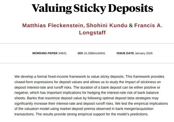 nberpubs's tweet photo. Developing a formal fixed-income framework to value sticky deposits and studying the implications of the model for deposit interest-rate and runoff risks, from Matthias Fleckenstein, @shohinik, and Francis A. Longstaff https://t.co/GhXJ882mSz https://t.co/BTYzHy4Pdy