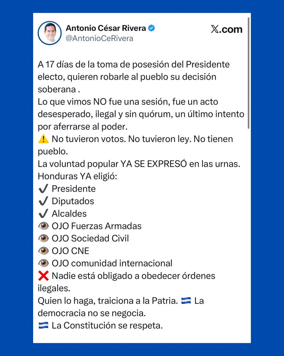 🚨#BOMBAZO🚨| El diputado nacionalista <a href="/AntonioCeRivera/">Antonio César Rivera</a> denuncio, “A 17 días de la toma de posesión del Presidente electo, quieren robarle al pueblo su decisión soberana”.