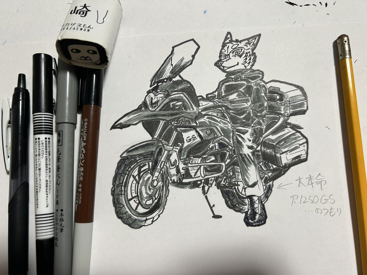 hatta_shi's tweet image. お葬式のあのペンは良いぞ。
今の実力の限界値でとりあえずモノクロだとこんな感じ。バイク乗りのケモノって何気に少なくねえかい。