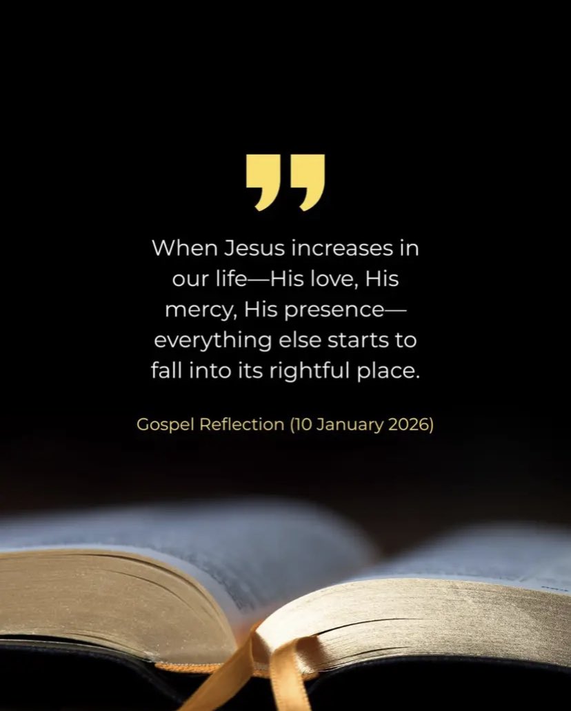JudeRep96625's tweet photo. Gospel Reflection
John 3:22-30
10 January 2026
John's words reveal a heart at peace with its purpose. He wasn't driven by pride or recognition.
He knew he was not the center of the mission. His joy was complete because he understood that his role was to lead others to Someone https://t.co/4OWnoeigSY