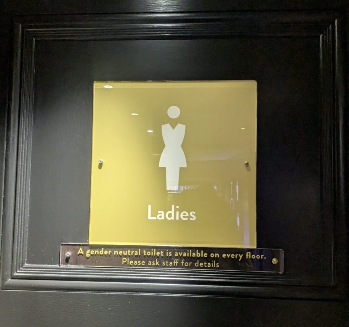 DreyfusJames's tweet image. “A gender neutral toilet is available on every floor”, literally nailed to the door of the ladies. 

But no.

This isn’t about needing somewhere to pee. 

This is about deliberately &amp;amp; purposefully antagonising, intimidating &amp;amp; shaming women &amp;amp; girls.

No. Other. Reason.