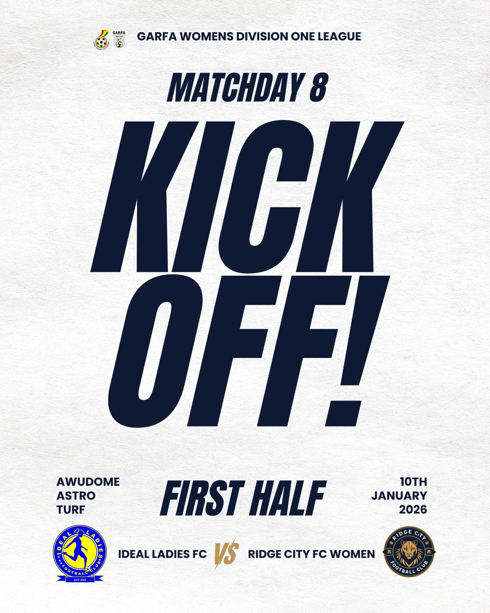 RidgeCityFC's tweet image. 𝟏’ 

Kick off!

Ideal Ladies  🔵 0️⃣ - 0️⃣ ⚪️ @ridgecityfc

#RCFCW💙 #WeDontPlay #BornToShine✨🇬🇭