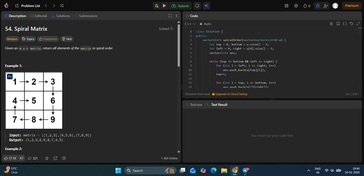 __Piyush_kumar's tweet photo. leetcode 54
day 10 (10/01/26) https://t.co/1vwyevqEyK