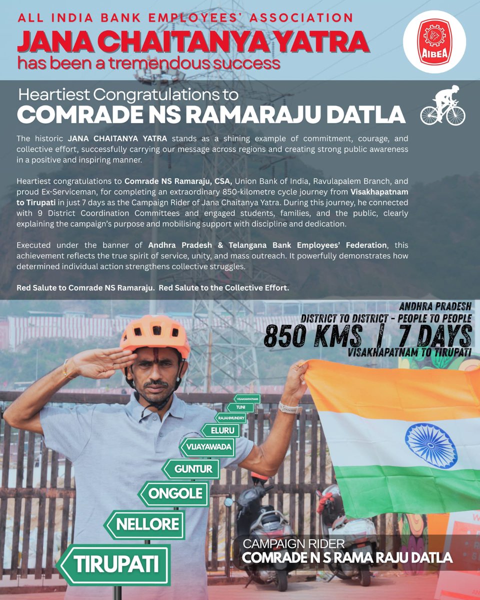 Hearty congratulations Com. N S Rama raju Dalta for Successful JANA CHAITANYA YATRA

#AIBEA