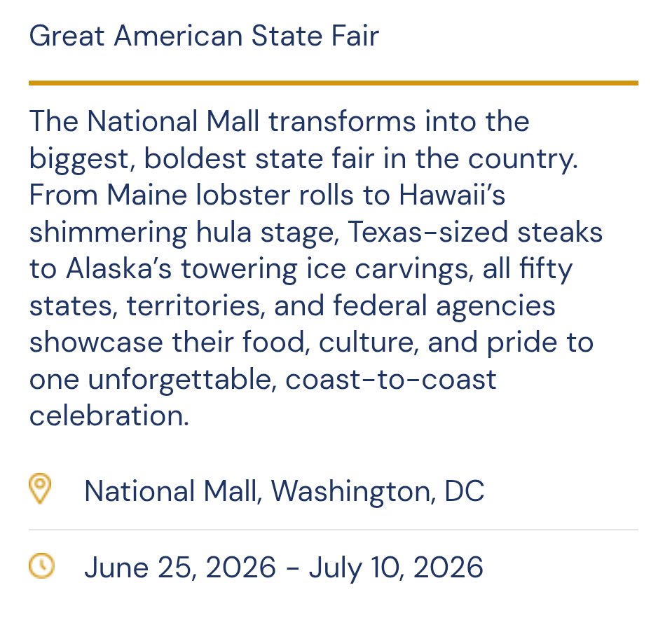 eat_dc's tweet image. As part of the @America250 celebrations, there will be a Great American State Fair on the National Mall June 25-July 10 with pavilions for every state and territory. I hope they bring state fair fare from around the country.