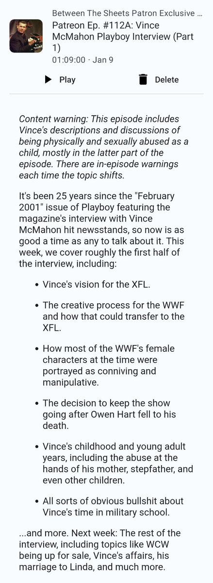 New on <a href="/BTSheetsPod/">Between The Sheets</a>'s Patreon: The 1st of back to back weeks covering Vince McMahon's 2001 Playboy interview. XFL plans, Vince's awful childhood &amp; very fabricated young adulthood, the WWF's presentation of women, &amp; more.

Just $5.00/month or $50.40/year at Patreon.com/BetweenTheShee…