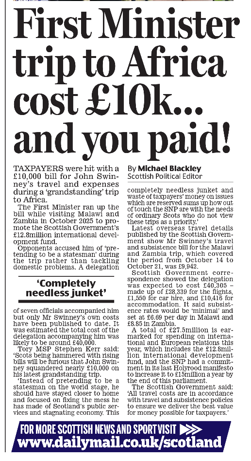 Hospitals struggling. Roads a mess.

But don’t worry — John Swinney found £10k for a taxpayer-funded Africa trip.