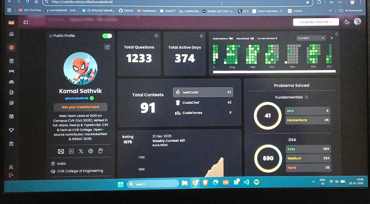 Great website for showcasing all your coding profiles and stats at one place.

Link 🔗 : codolio.com
My profile: codolio.com/komalsathvik

#BuildingInPublic #Coding #codolio