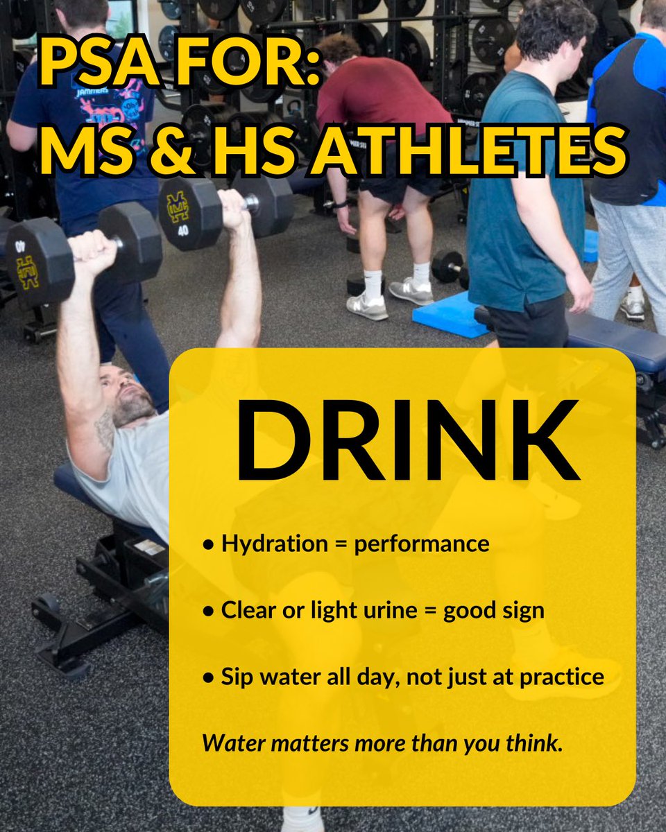 ⚡️ PSA for: MS &amp; HS Athletes — DRINK

Staying hydrated affects your:
• Energy levels
• Ability to focus
• Ability to recover faster
• Performance levels

If you’re waiting until practice to drink water, you’re already behind.