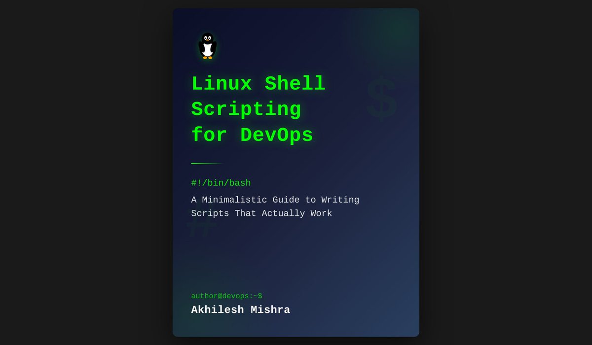 livingdevops's tweet image. Shell scripting is the one skill that separates DevOps engineers who panic during incidents from those who fix them in minutes.

I spent 8 years in Linux before I got into DevOps.

I wrote a minimalistic ebook on Linux shell scripting that will give you enough knowledge to start…
