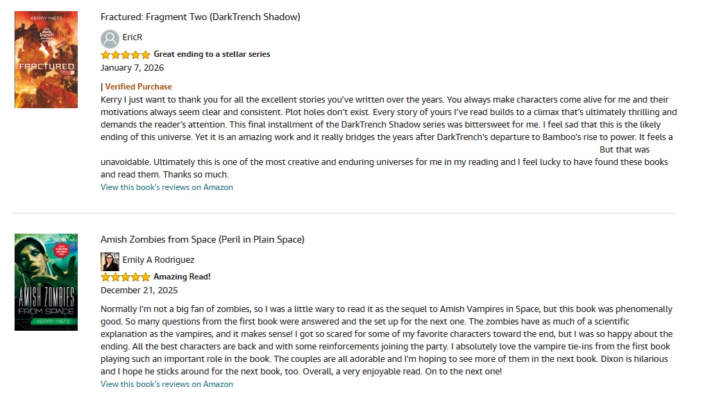 Another kind and positive review of Fractured: Fragment Two. (Along with a bonus review of Amish Zombies.) Thanks to Eric and Emily for taking these journeys with me, and being generous enough to share your thoughts.