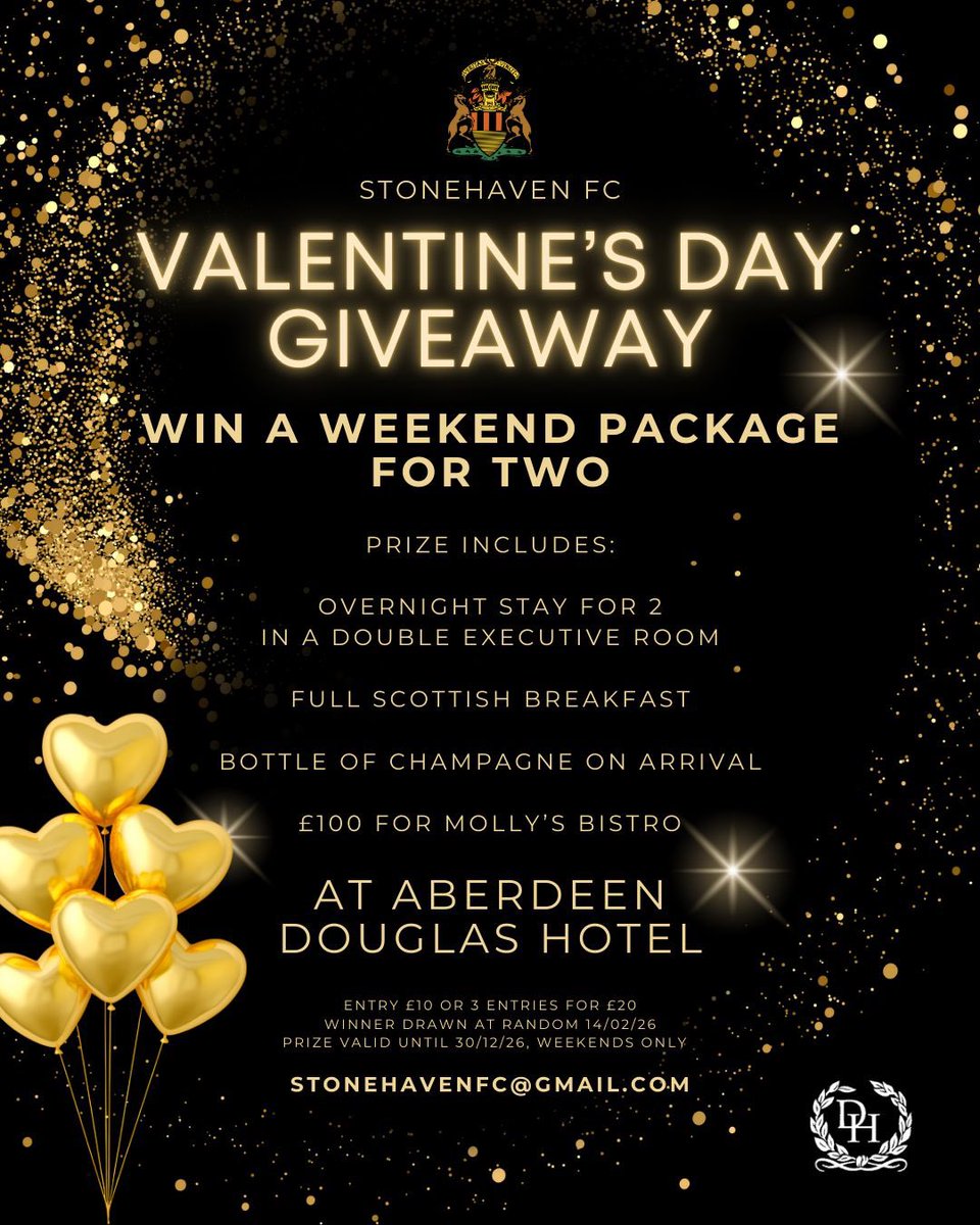 💘🌹Competition time🌹💘

💛 Win a romantic overnight stay at the Aberdeen Douglas Hotel 💛

To enter, comment how many entries you’d like, and make payment to the club account with your name as reference.

Virgin Money
Stonehaven FC
Sort code: 82-68-07
Account number: 50073322