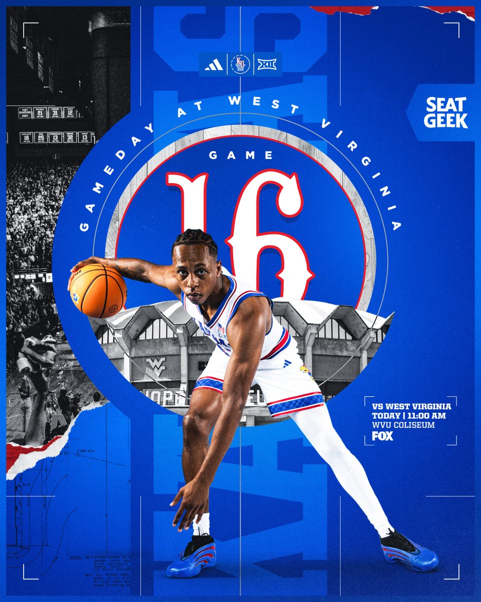 KUHoops's tweet image. GAMEDAY in WV 🗣️

👉  at West Virginia 
⏰  11:00 AM CT
📍  WVU Coliseum
📺  FOX
🎙️  Jayhawk Sports Network

#RockChalk | @SeatGeek
