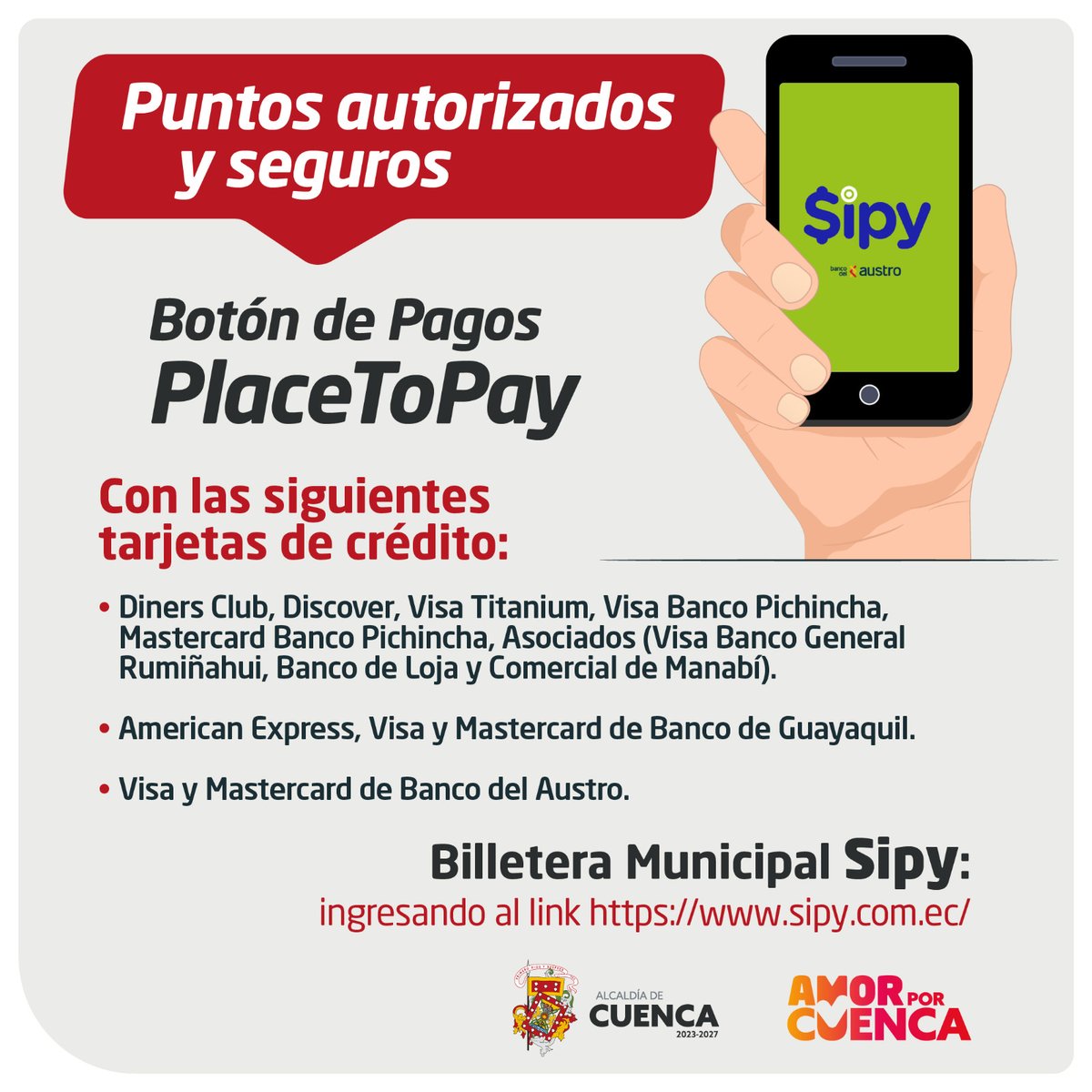 antenaunofm's tweet image. (EP) ¡Tu pago, en un clic! 
Con la billetera municipal #Sipy y el botón PlaceToPay, puedes cancelar tus obligaciones de forma segura y desde cualquier lugar. 
💳 Aceptamos varias tarjetas de crédito. 
¡ Infórmate y paga fácil! 

#AmorPorCuenca❤️💛

@MunicipioCuenca