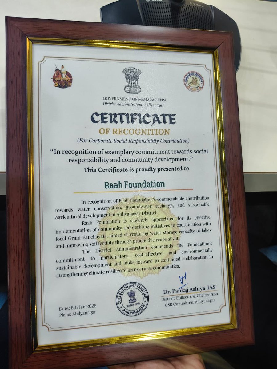Raah Foundation was honoured by the District Administration, Ahilyanagar, under CSR for its work in water conservation and sustainable agriculture. Presented by Hon. Collector Dr. Pankaj Ashiya. Kudos to Amol and the team for their committed efforts.