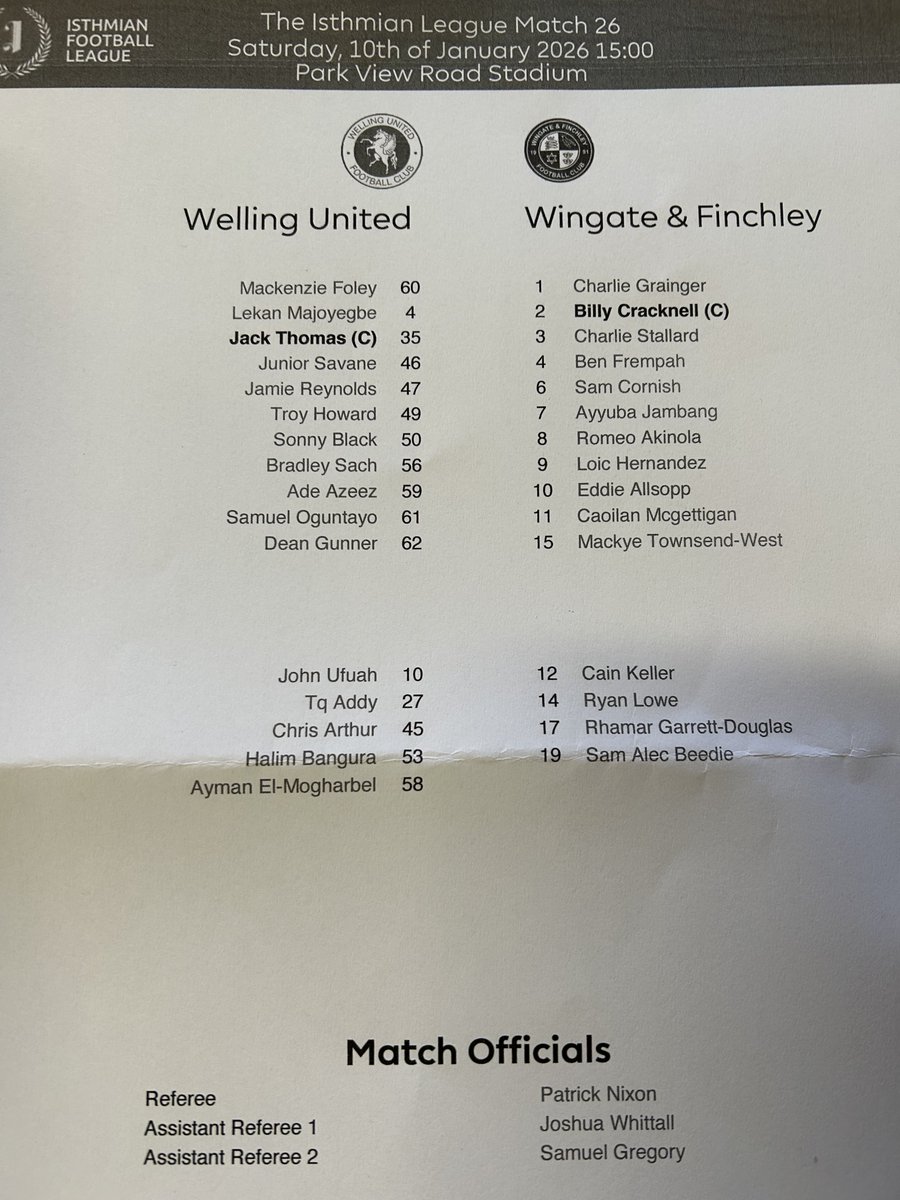 MarkDoigFC's tweet image. Teams for ⁦@wellingunited⁩ v ⁦@WinFinchleyFC⁩ in the ⁦@IsthmianLeague⁩