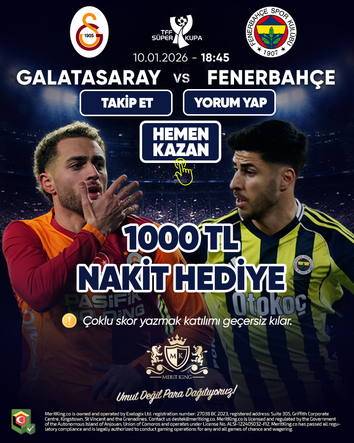 Galatasaray - Fenerbahçe Süper Kupa #derbi maçına özel nakit hediye!

📌 Katılmak için:
✅Bizi takip et → <a href="/Meritking___/">Meritking güncel</a>
✅Skor tahminini yoruma yaz 
✅Gönderiyi RT’le

Ödül: 
Skoru doğru bilen ilk 25 kişi Meritking'ten 1000 TL nakit hediye kazanacaktır.

#GSvFB #FBvGS