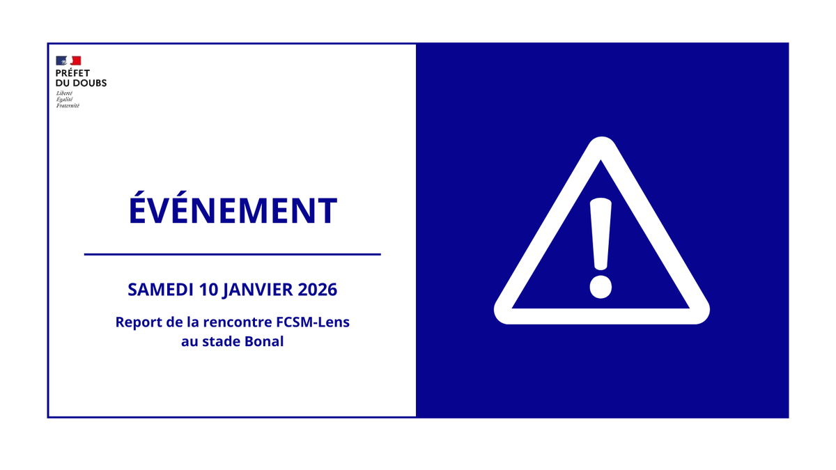 ⚽️Report du match de football entre le <a href="/FCSM_officiel/">FC Sochaux-Montbéliard</a>  et le <a href="/RCLens/">Racing Club de Lens</a> 
Compte-tenu des conditions météo et de circulation très difficiles, et afin de préserver la sécurité des supporters, le préfet du #Doubs, a décidé de reporter la rencontre prévue ce soir à 21h au stade Bonal.