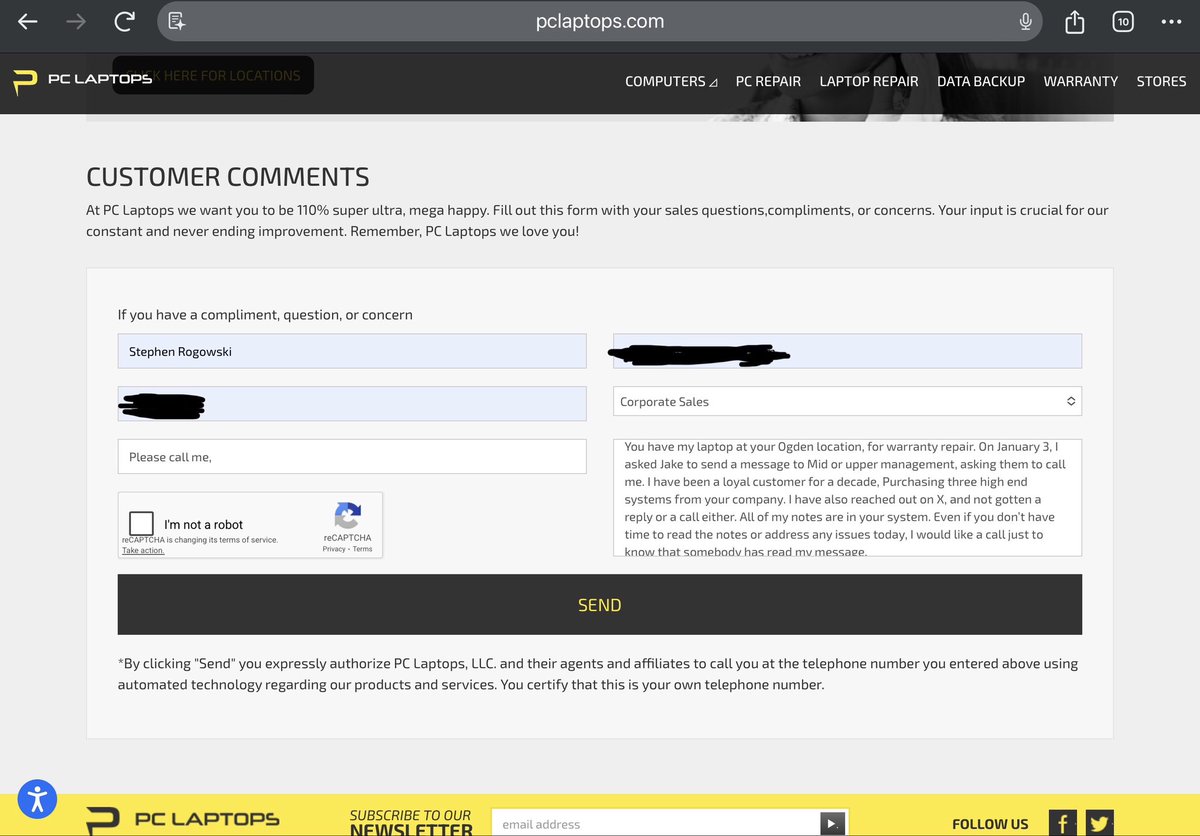 Steve_Rogo's tweet photo. @PCLaptops Hi @dansmillionaire are you still CEO of @PCLaptops? I asked on 1/3 to have a member of management give me a call, followed up with the same request on X and your website contact form. Nobody has contacted me. My info is in your system. Please call me. https://t.co/eY2rklbu49