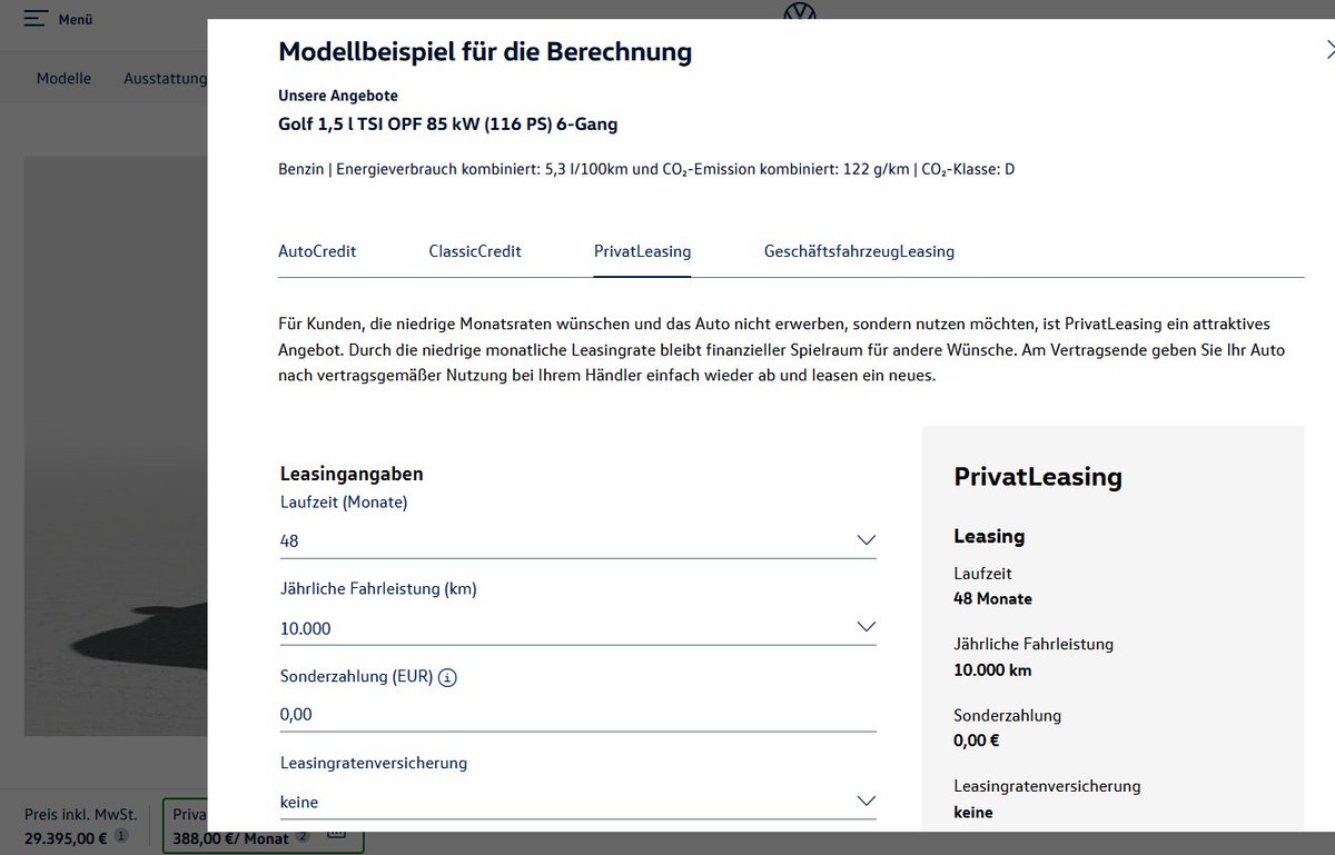 Electric_Maik's tweet image. The Volkswagen Golf starts at 29,395€ in Germany and costs 388€/month to lease. The ID.3 costs 33,300€ in Germany, or 299€/month to lease. Both are for 48 months, with no down payment and 10,00 km per year (default leasing configuration).

But why is a more expensive car…