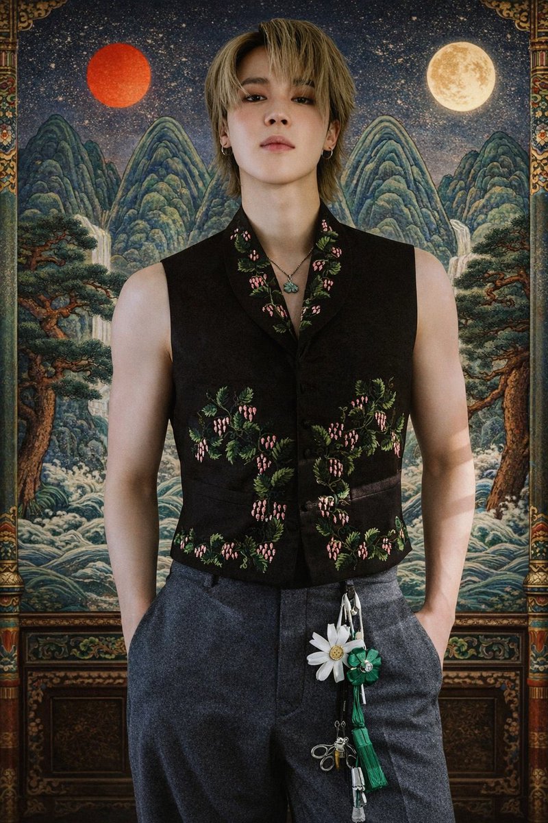 JiminLatinoFB's tweet image. Las coreanas Jimin Biased 😳 crearon este hermoso Edit con un fondo coreano, representando su cultura, utilizando la portada de Vogue de #JIMIN es simplemente espectacular. Tiene un fondo denominado Ilwol Obongdo.