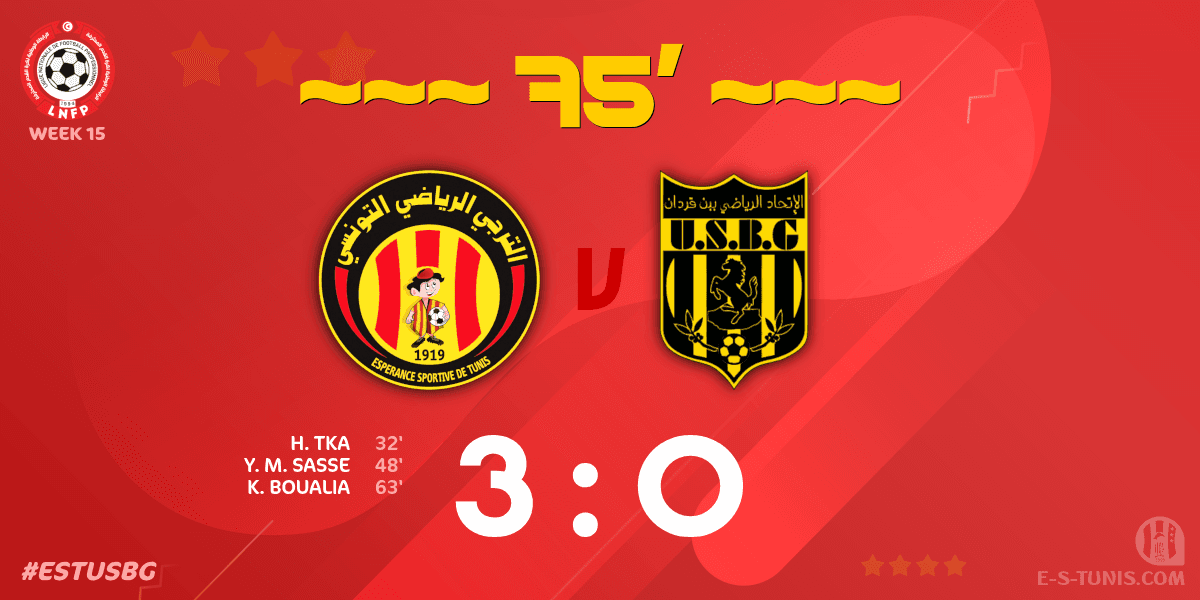 ESTuniscom's tweet photo. ⏱ 75' | #Ligue1Tn🇹🇳 Week 15 #ESTUSBG | @ESTuniscom 3⃣-0⃣ #USBenGuerdane : Score reminder / تذكير بالنتيجة / Rappel du score https://t.co/lWqWrofXsI
