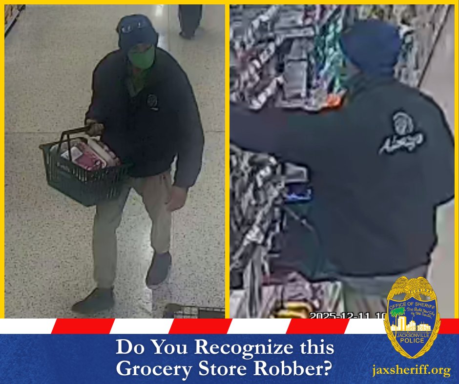 JSOPIO's tweet photo. 𝐃𝐨 𝐲𝐨𝐮 𝐫𝐞𝐜𝐨𝐠𝐧𝐢𝐳𝐞 𝐭𝐡𝐢𝐬 𝐠𝐫𝐨𝐜𝐞𝐫𝐲 𝐬𝐭𝐨𝐫𝐞 𝐫𝐨𝐛𝐛𝐞𝐫?
On Thursday, December 11, 2025, District 1 patrol officers responded to the 5800 block of Atlantic Boulevard in reference to a robbery at a grocery store. The suspect entered the business and proceeded to steal merchandise. When confronted, the suspect threatened to harm the employees, then ran away.

The suspect is an older man, approximately 5’8” to 5’10” and weighs around 160 pounds. At the time of the incident, he was wearing a black jacket, khaki pants, a green mask, and a blue beanie.

If anyone has any information about this case or knows who this man may be, call us at 904.630.0500. You can also report what you know anonymously to First Coast Crime Stoppers (https://t.co/3EqITz77wK).
