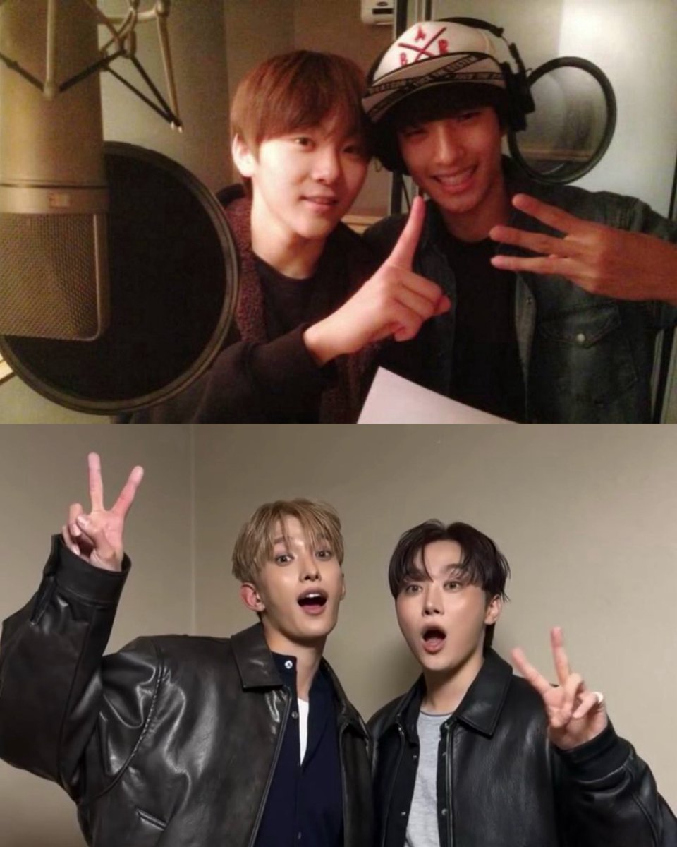 kyeominori's tweet image. booseok in 2013:
“seokmin-hyung and I snapped a photo in the recording studio and don't we look like singers?”

booseok in 2026:
“let's keep singing together and grow old on good terms.”

so proud of our meboz, you've come so far 🥹🤍