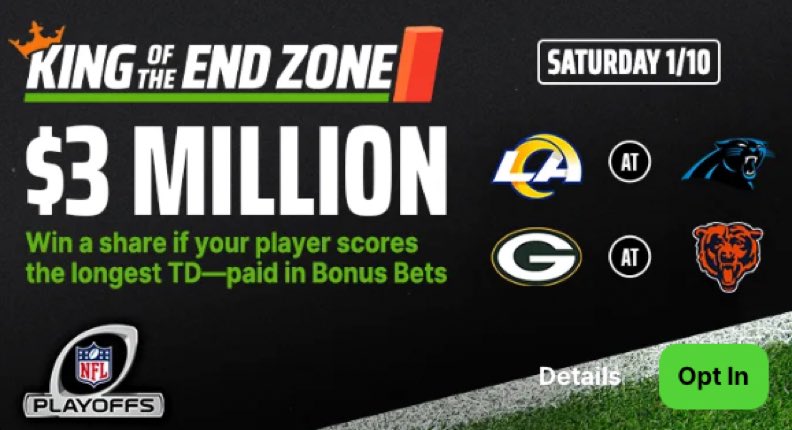 My King Of The Endzone pick today is 

Rams D/ST +550

A lot of people don’t consider defenses when picking for this contests and there are a ton of opportunities for long TDs from punt returns, fumble recoveries, and pick 6s

#GamblingTwitter #GamblingX #FreeBet #NFLProps