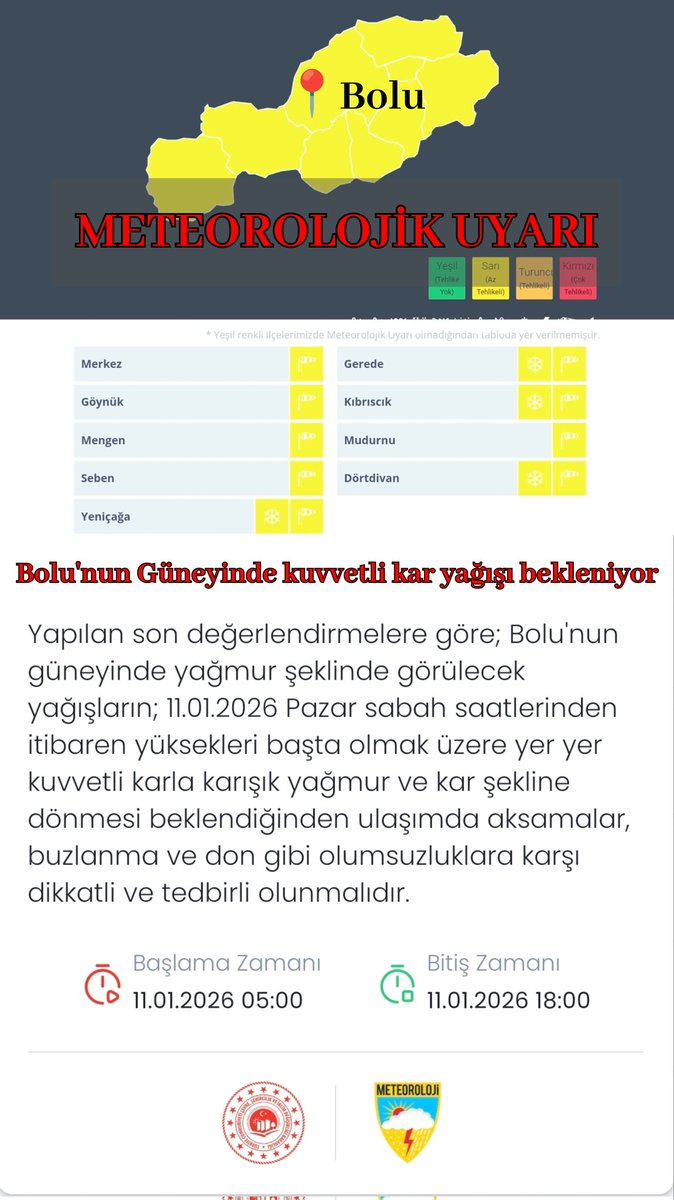 METEOROLOJİK UYARI 

İlimizde beklenen yağışların, 11.01.2026 Pazar günü sabah 05:00 saatlerinden itibaren ilimizin Güney kesimlerinde (#Kıbrıscık, #Dörtdivan, #Yeniçağ ve #Gerede) kuvvetli karlakarışık yağmur ve kar yağışı şeklinde olması beklenmektedir.

 #bolu
#karyağışı