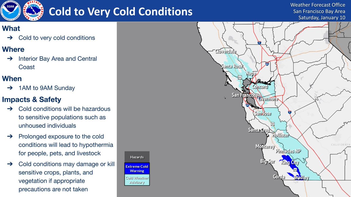 🥶 Cold alerts Sun morning (1–9 AM PST)
🔵 Extreme Cold Warning: Southern Salinas Valley, Arroyo Seco &amp; Lake San Antonio: temps upper 20s to low 30s.
🟦 Cold Weather Advisory: Interior valleys of the North Bay, East Bay, Santa Clara Valley, San Benito Co:  low to mid 30s. #CAwx