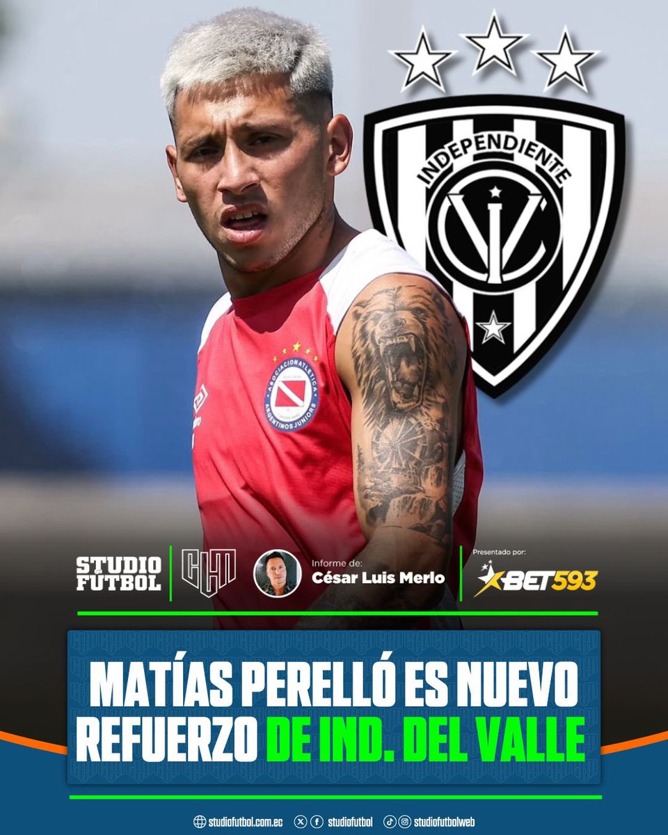 🚨[EXCLUSIVO] El extremo Matías Perelló es nuevo refuerzo de Independiente del Valle.
*️⃣Si bien no trascendieron cifras, es la compra más cara de la historia de IDV y se hace por el 50% del pase. 
ℹ️Para <a href="/StudioFutbol/">StudioFútbol ⚽</a> presentada por <a href="/bet593/">Bet593oficial</a>