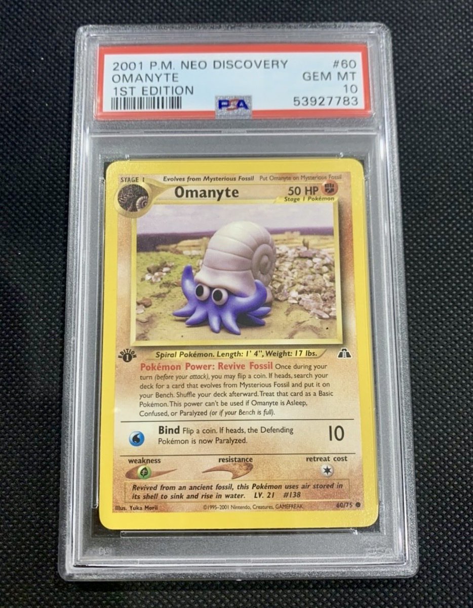 OmanyteOverlord's tweet image. Omanyte Overlord Giveaway 🐚 

Winner Receives:
🐚 2001 Pokémon Neo Discovery 1st Edition Omanyte #60 PSA 10 

How to Win:
🐚 Follow @OmanyteOverlord 
🐚 Like &amp;amp; Repost 

This vintage Omanyte has a PSA 10 population of just 120 making it a rare piece of Pokémon Fossil history! 

A…