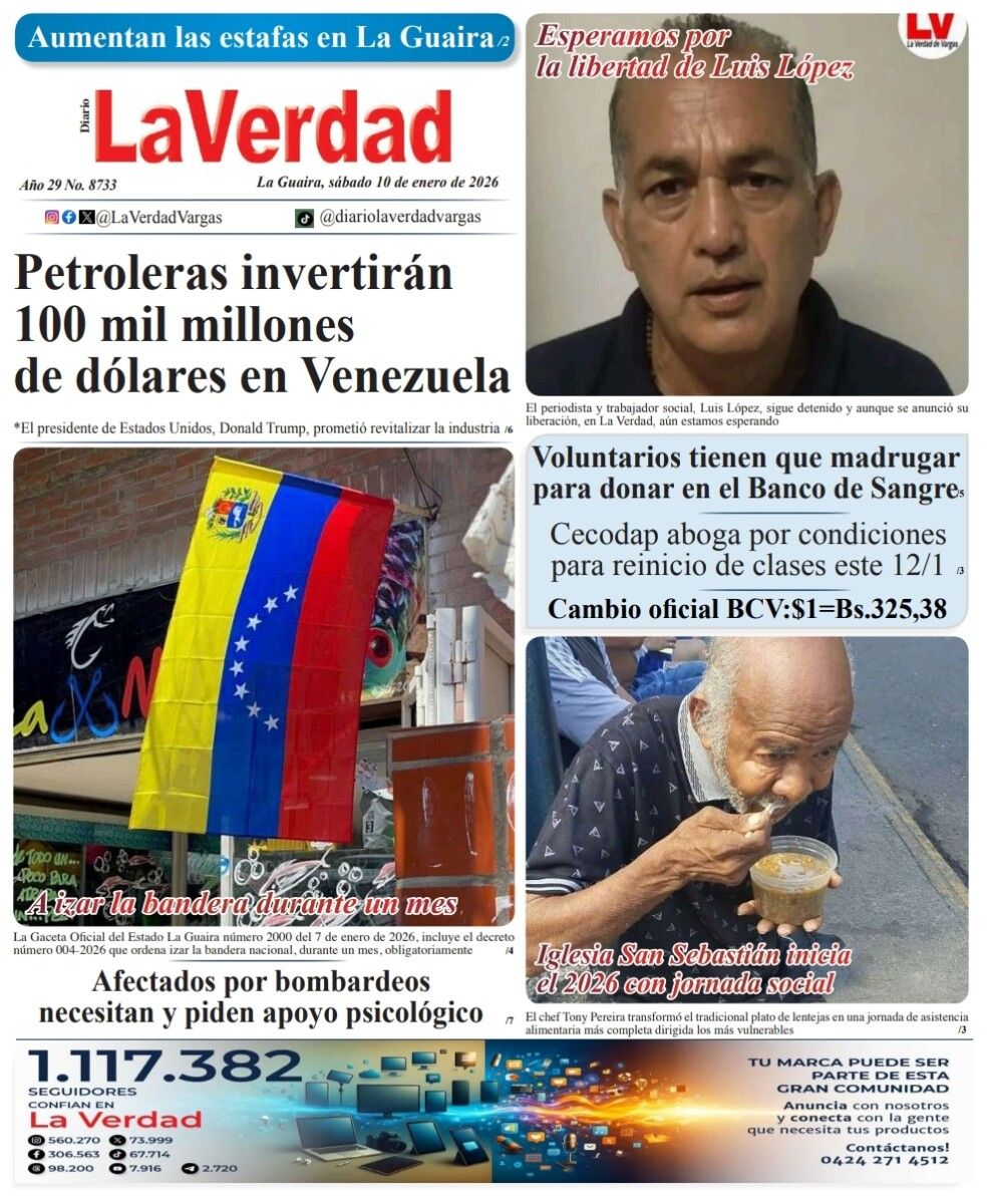 LaVerdadVargas's tweet image. #Venezuela · Esta es la portada de este #Sábado #10Enero en la edición digital de tu diario La Verdad. #LaGuaira 👇

Amplía toda la información en nuestra página web buff.ly/frUHGUQ
